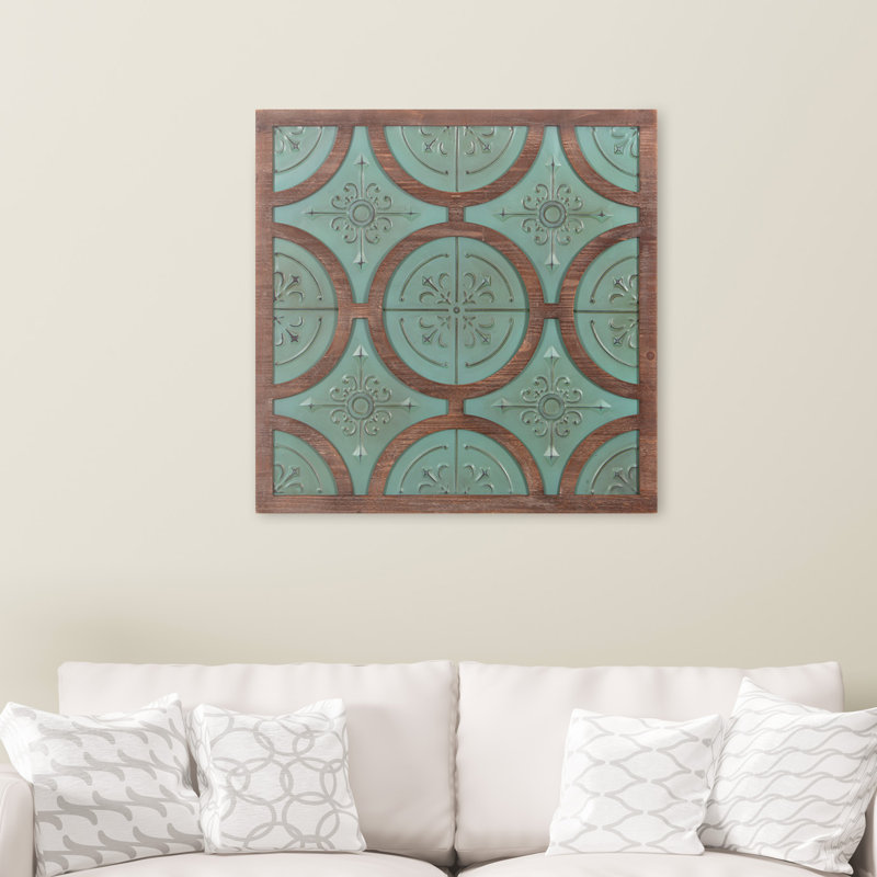 One Allium Way® 32" Emerald Metal and Wood Quatrefoil Medallion Framed